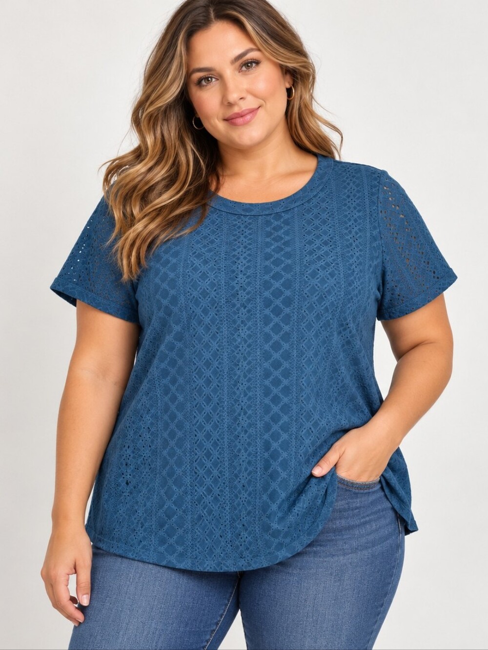 Casual Short Sleeve Hollow Out Pointelle Blouse Top Plus 2XL Dark Blue